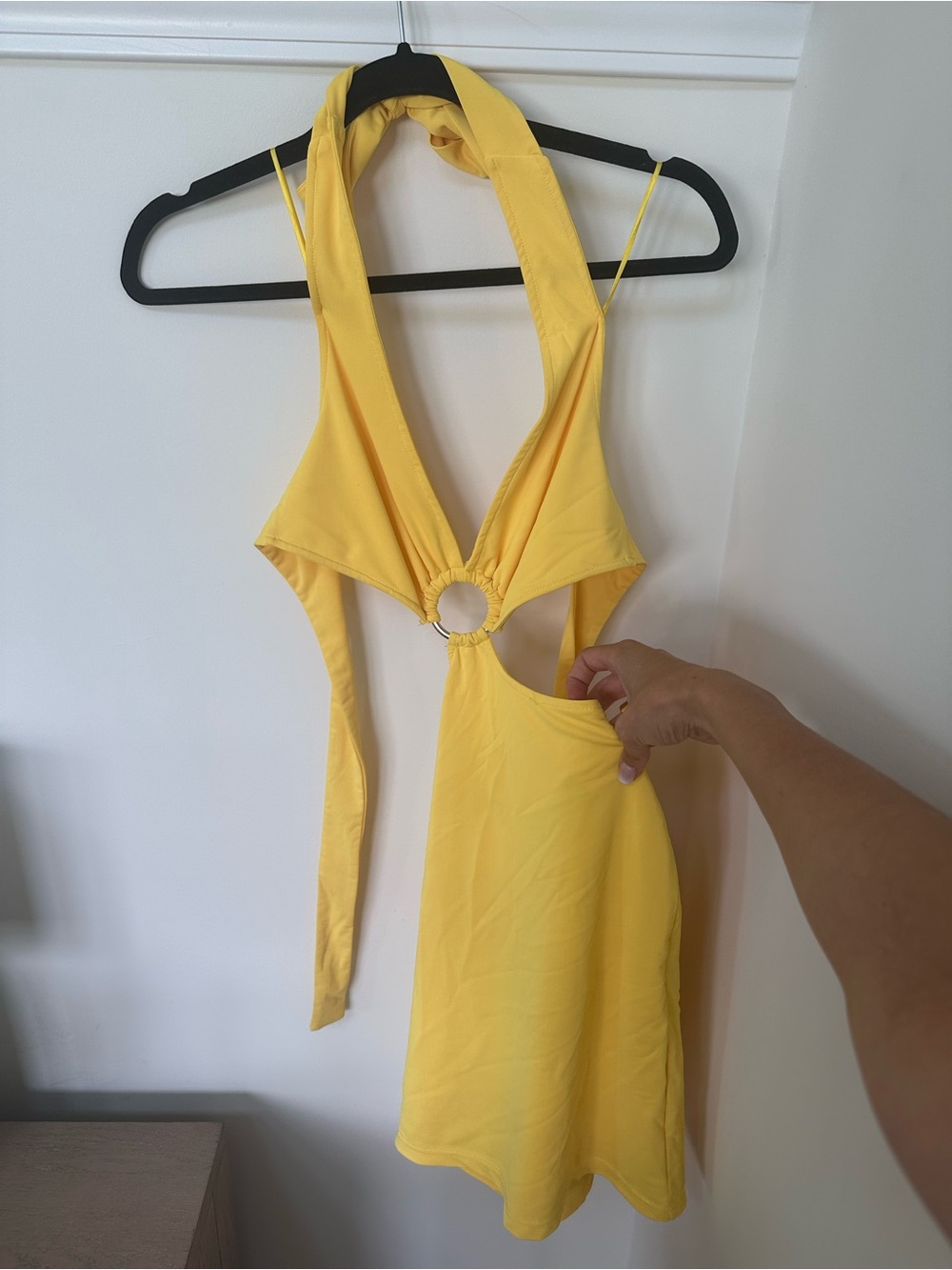 AKIRA Bright Yellow Backless Halter Mini Dress with Ring Detail